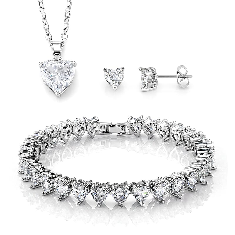 3 Piece Set - Austrian Crystal Heart Bracelet (7.50In), Earrings and Necklace (20-22 Inches) in Silvertone