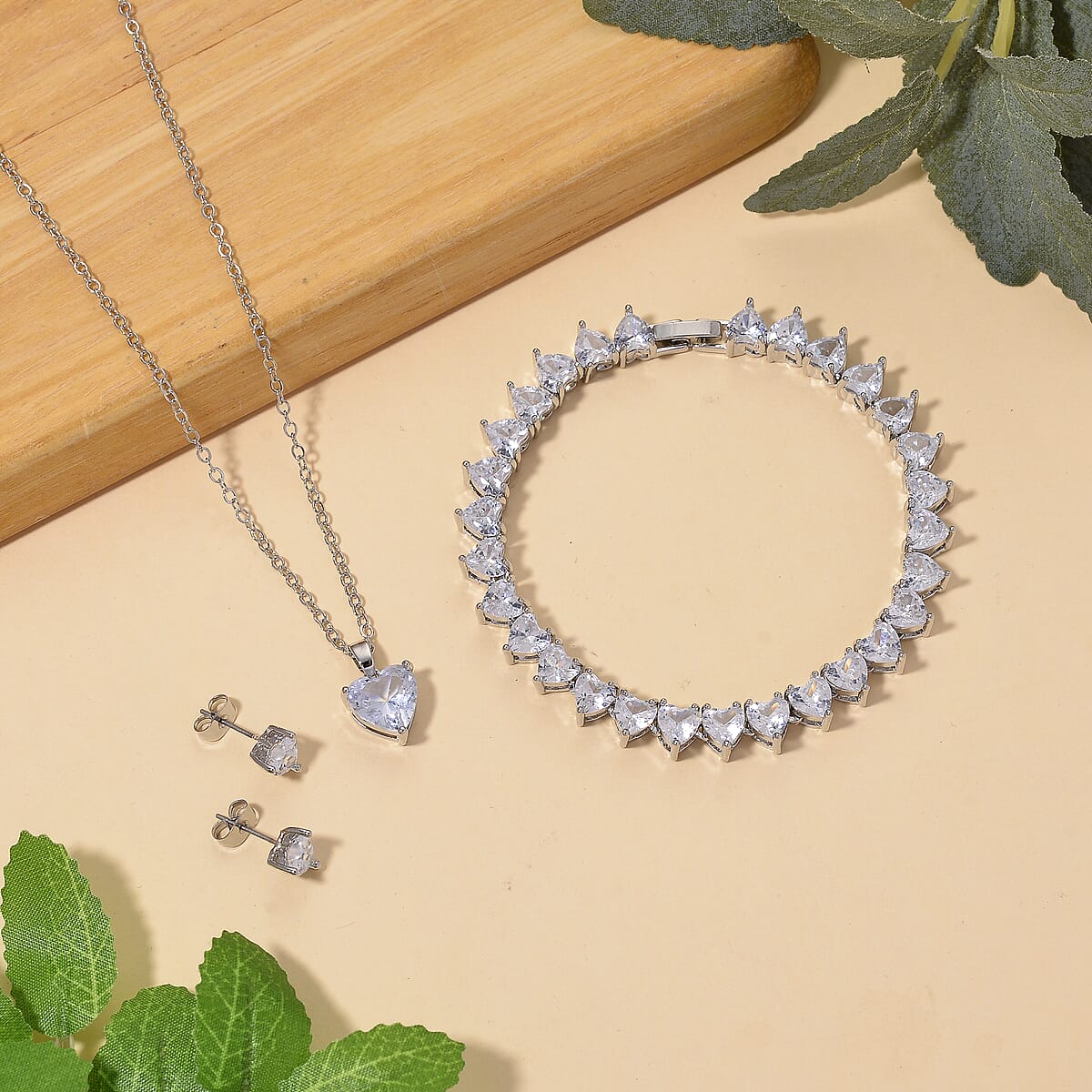 3 Piece Set - Austrian Crystal Heart Bracelet (7.50In), Earrings and Necklace (20-22 Inches) in Silvertone image number 1