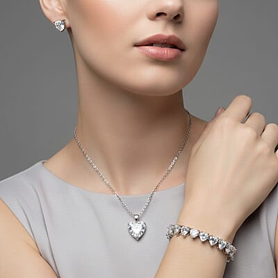3 Piece Set - Austrian Crystal Heart Bracelet (7.50In), Earrings and Necklace (20-22 Inches) in Silvertone