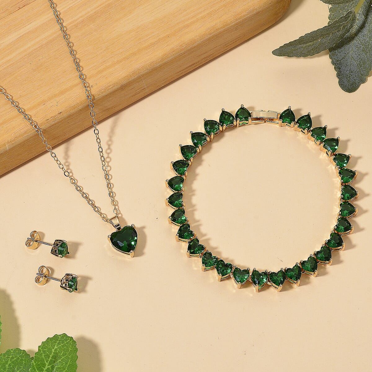 3 Piece Set - Green Austrian Crystal Heart Bracelet (7.50In), Earrings and Necklace (20-22 Inches) in Goldtone image number 1