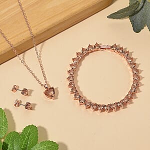 3 Piece Set - Champagne Austrian Crystal Heart Bracelet (7.50In), Earrings and Necklace (20-22 Inches) in Goldtone