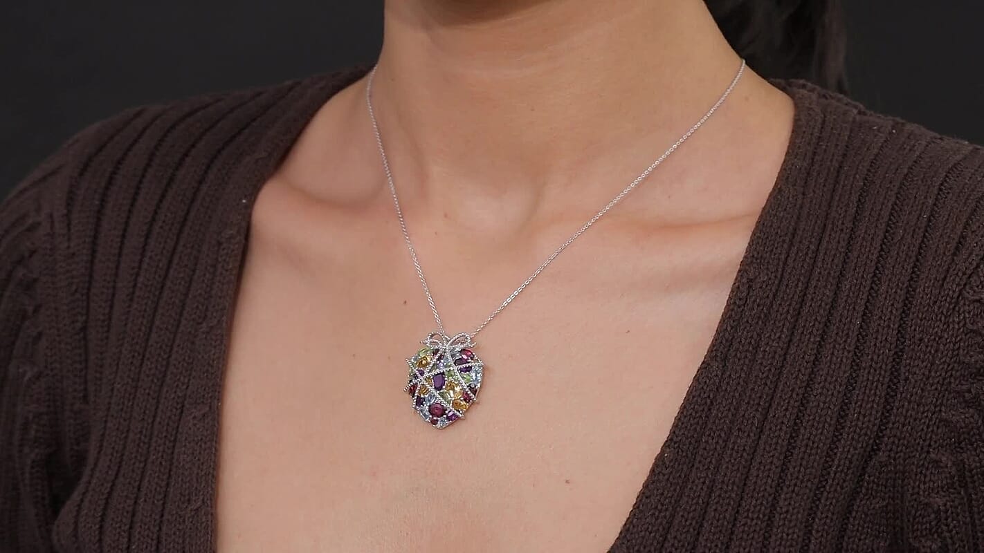 GP Premium Multi Gemstone Pendant Necklace (20 Inches) in Rhodium Over Sterling Silver 4.20 ctw