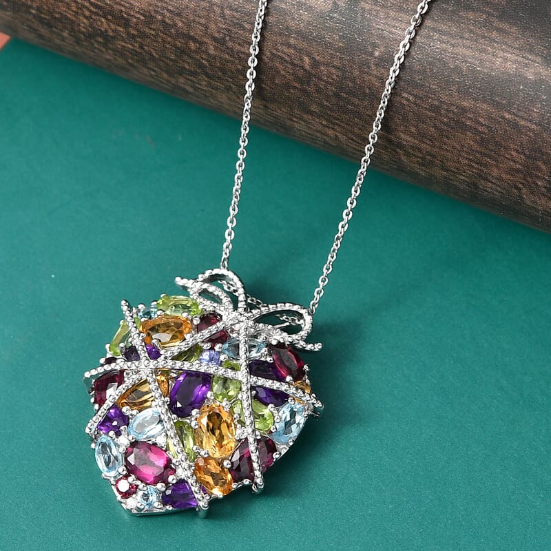 GP Special Amore Collection Premium Multi Gemstone 8.25 ctw Pendant Necklace in Rhodium Over Sterling Silver 20 Inches