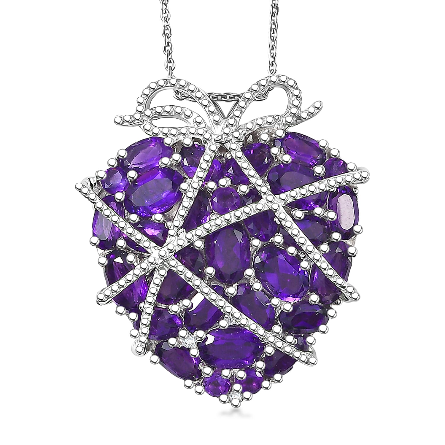 GP Special Amore CollectIon Premium African Amethyst and White Zircon 7.20 ctw Pendant Necklace in Rhodium Over Sterling Silver
