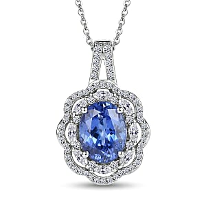 Premium Tanzanite and Luxuriant Lab Grown Diamond E-F VS 2.30 ctw Blue Crownfire Pendant Necklace in 10K White Gold 20 Inches
