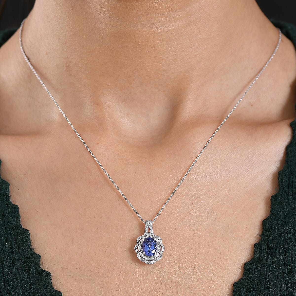 Premium Tanzanite and Luxuriant Lab Grown Diamond E-F VS 2.30 ctw Blue Crownfire Pendant Necklace in 10K White Gold 20 Inches image number 2