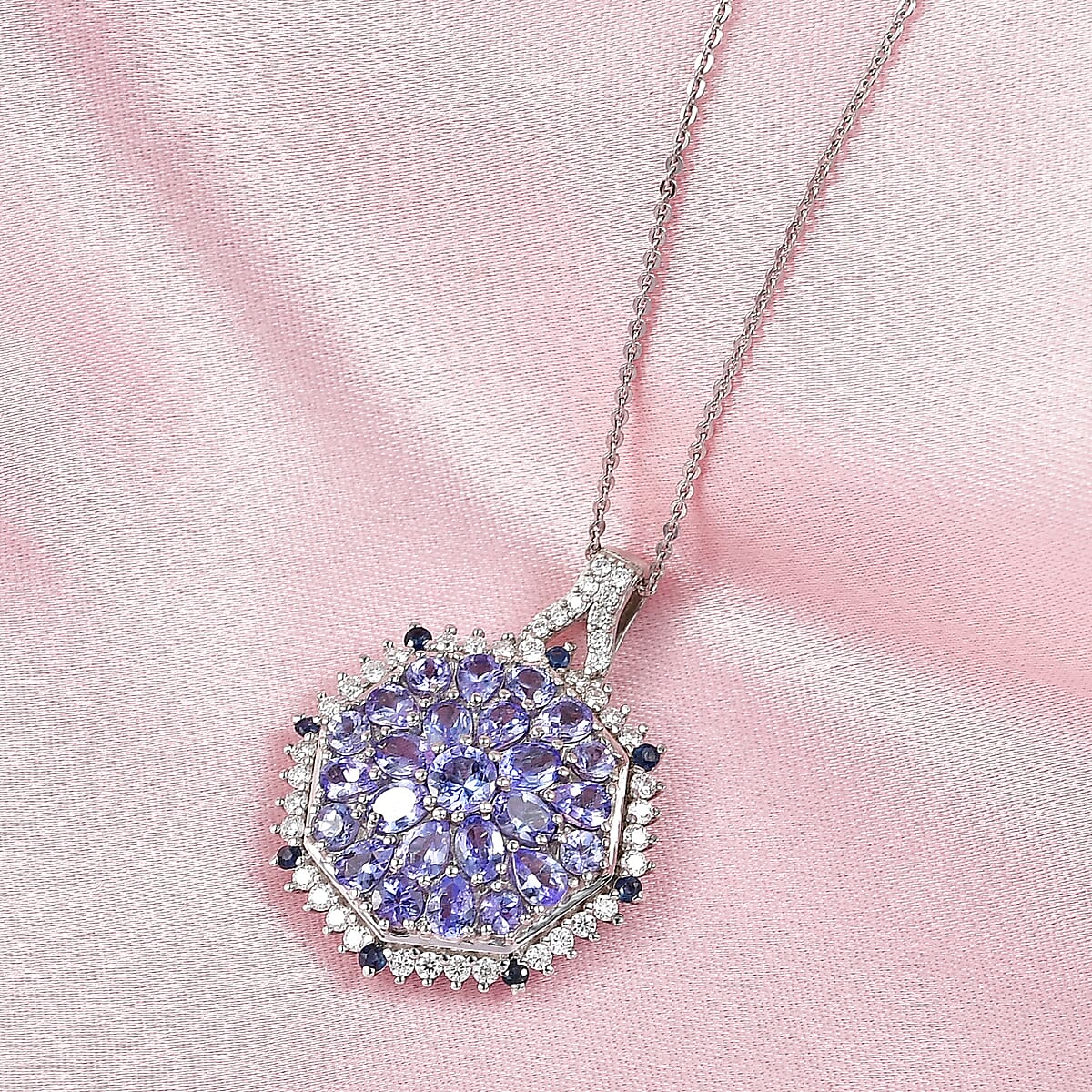 D'Joy Tanzanite and Multi Gemstone 4.40 ctw Geometrical Arab Art Pendant Necklace in Rhodium Over Sterling Silver (20 Inches) image number 1