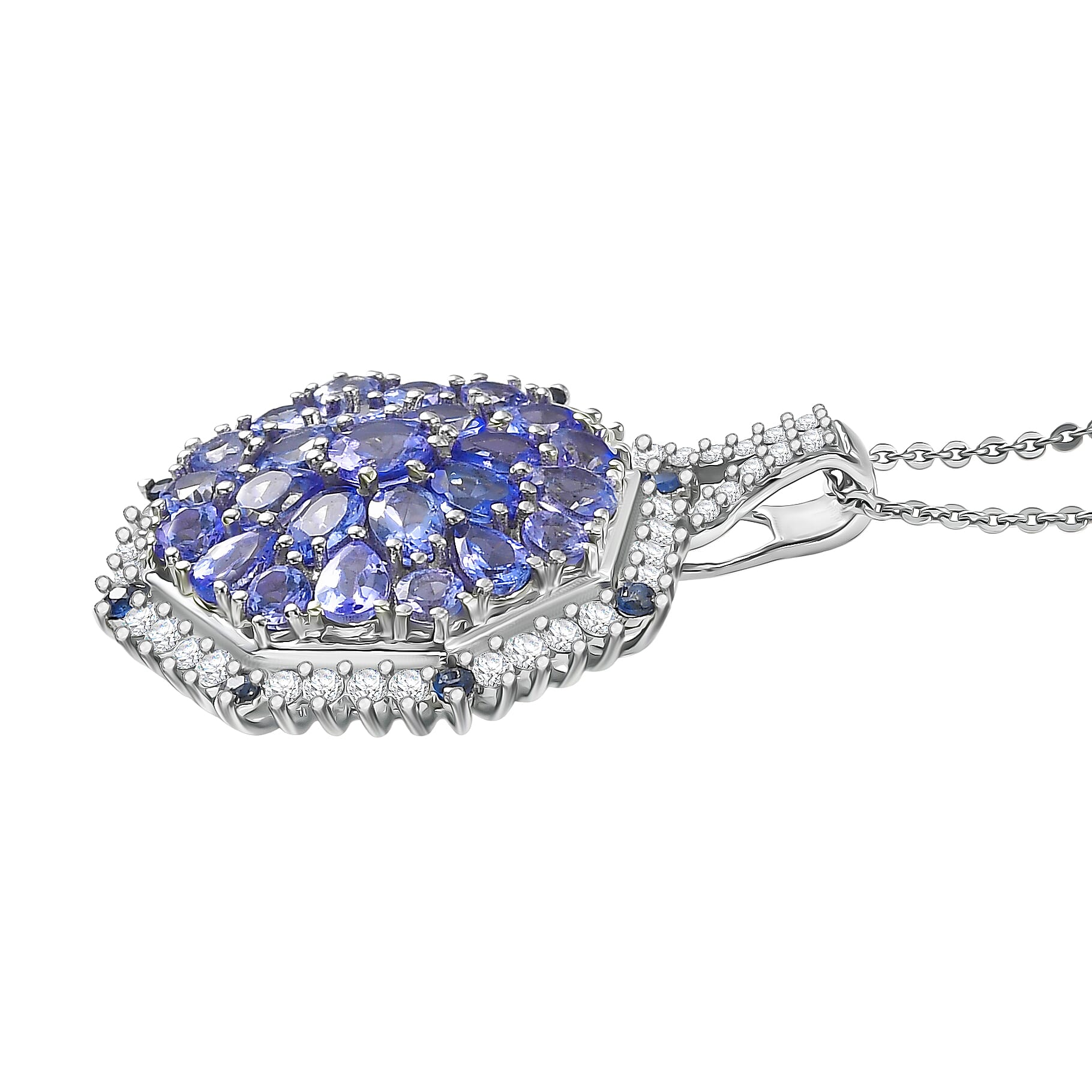 D'Joy Tanzanite and Multi Gemstone 4.40 ctw Geometrical Arab Art Pendant Necklace in Rhodium Over Sterling Silver (20 Inches)