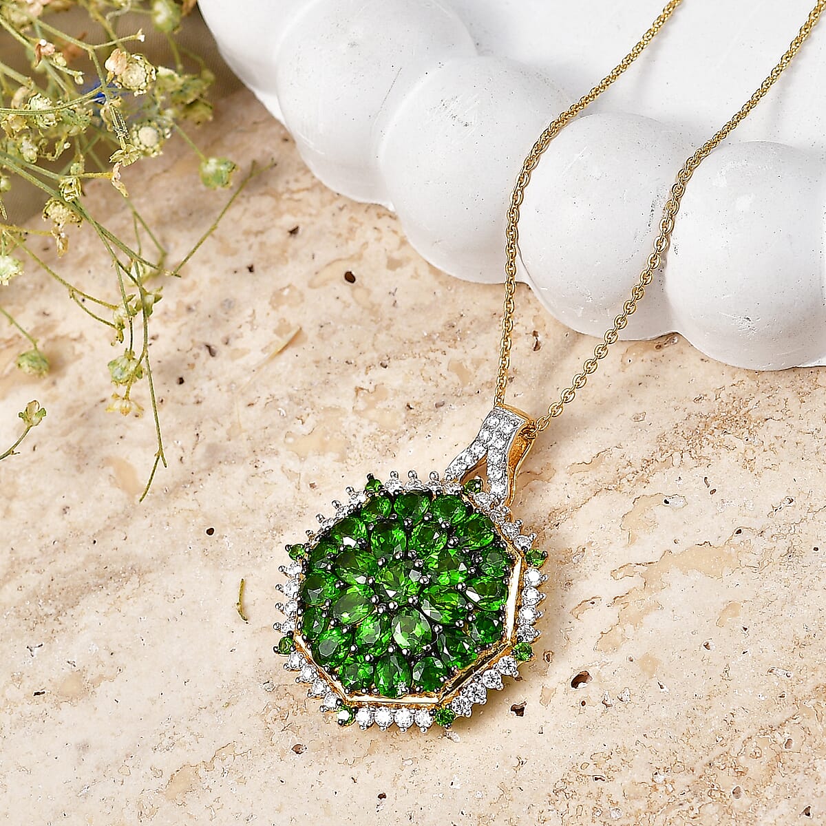 D'Joy Chrome Diopside and Moissanite 4.50 ctw Geometrical Arab Art Pendant Necklace in 18K Vermeil Yellow Gold Over Sterling Silver (20 Inches) image number 1