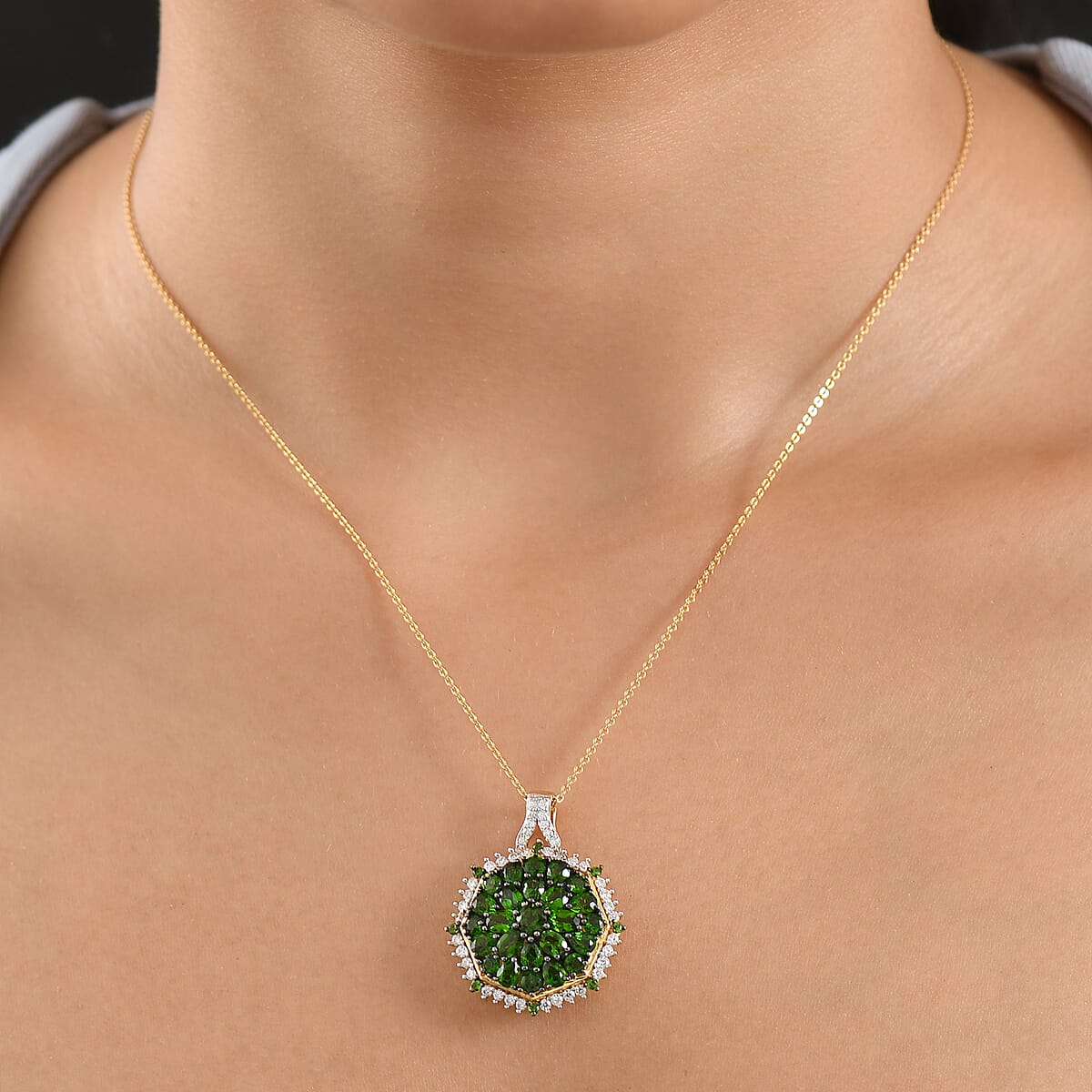 D'Joy Chrome Diopside and Moissanite 4.50 ctw Geometrical Arab Art Pendant Necklace in 18K Vermeil Yellow Gold Over Sterling Silver (20 Inches) image number 2