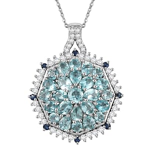 D'Joy Betroka Blue Apatite and Multi Gemstone 4.90 ctw Geometrical Arab Art Pendant Necklace (20 Inches) in Rhodium Over Sterling Silver