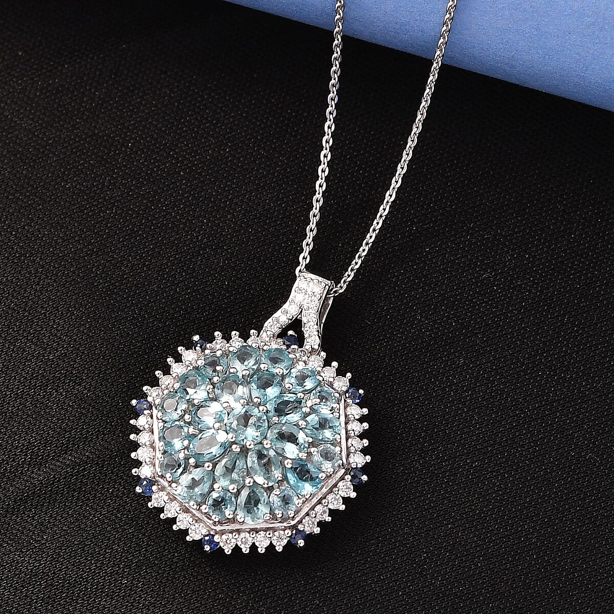 D'Joy Betroka Blue Apatite and Multi Gemstone 4.90 ctw Geometrical Arab Art Pendant Necklace (20 Inches) in Rhodium Over Sterling Silver image number 1