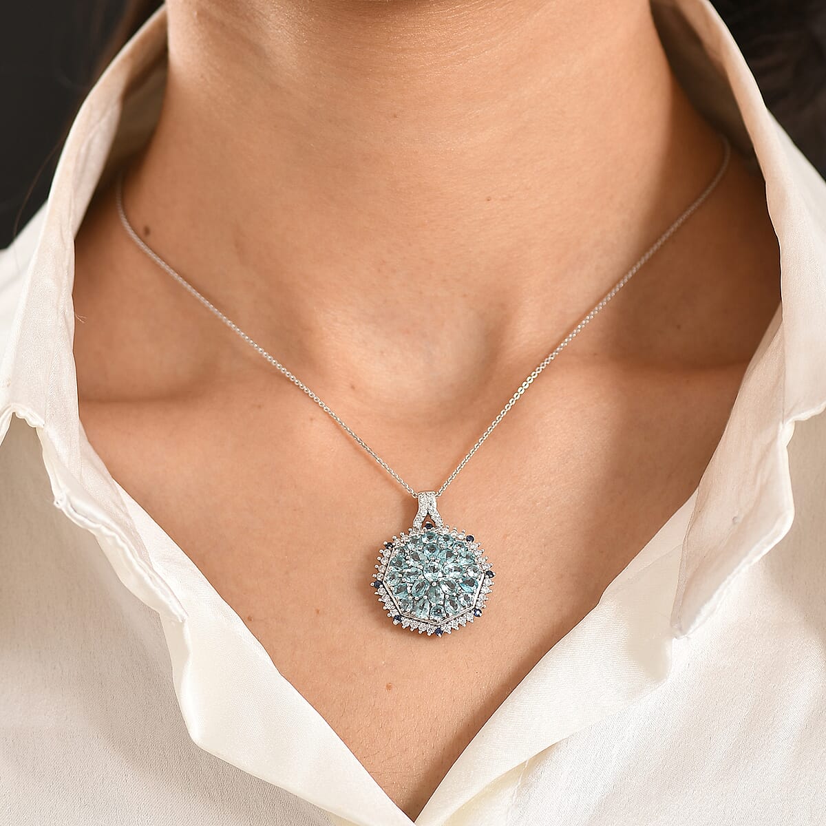 D'Joy Betroka Blue Apatite and Multi Gemstone 4.90 ctw Geometrical Arab Art Pendant Necklace (20 Inches) in Rhodium Over Sterling Silver image number 2