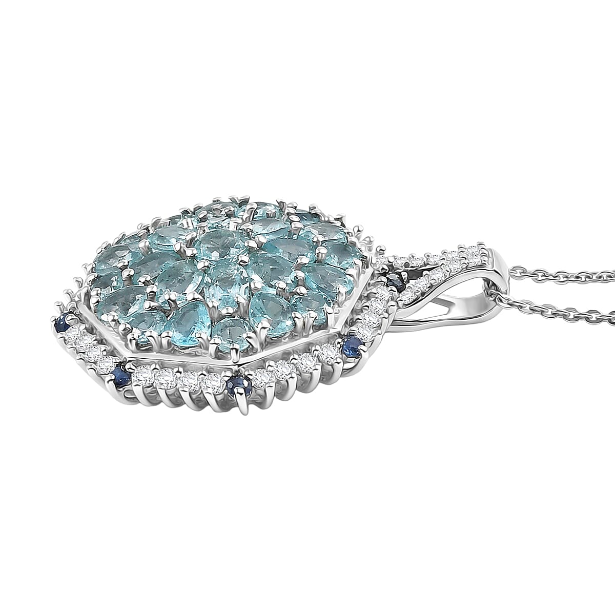D'Joy Betroka Blue Apatite and Multi Gemstone 4.90 ctw Geometrical Arab Art Pendant Necklace (20 Inches) in Rhodium Over Sterling Silver image number 3