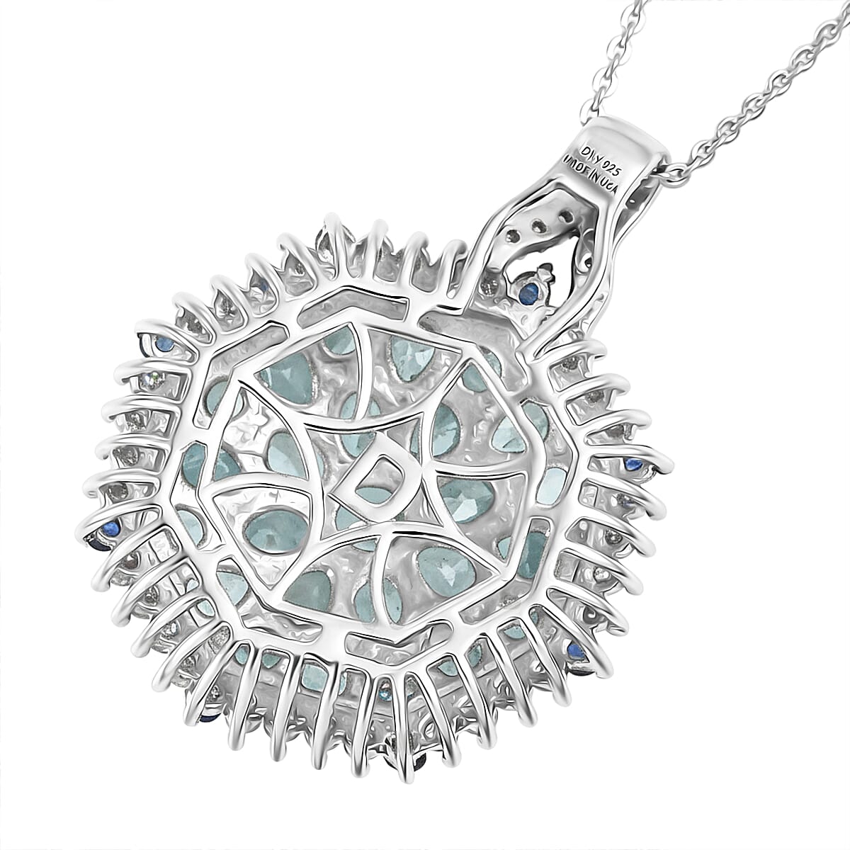 D'Joy Betroka Blue Apatite and Multi Gemstone 4.90 ctw Geometrical Arab Art Pendant Necklace (20 Inches) in Rhodium Over Sterling Silver image number 4