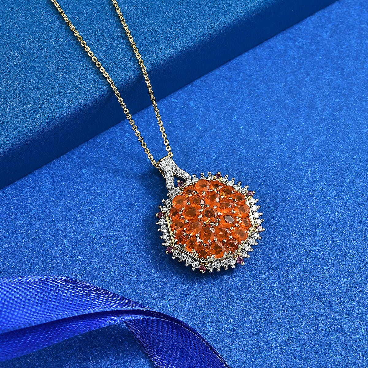 D'Joy Jalisco Fire Opal and Moissanite 3.25 ctw Geometrical Arab Art Pendant Necklace in 18K Vermeil Yellow Gold Over Sterling Silver (20 Inches) image number 1