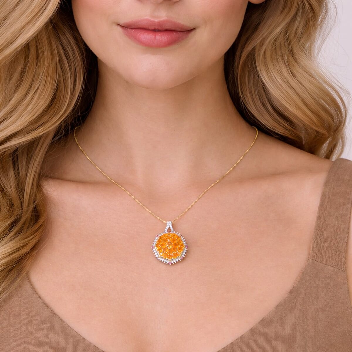 D'Joy Jalisco Fire Opal and Moissanite 3.25 ctw Geometrical Arab Art Pendant Necklace in 18K Vermeil Yellow Gold Over Sterling Silver (20 Inches) image number 2