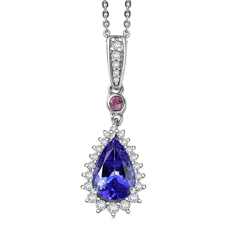 D'Joy Premium Tanzanite, Mahenge Spinel and Diamond 2.00 ctw Blue Heirloom Drop Pendant Necklace in Rhodium Over Sterling Silver 20 Inches