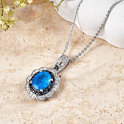 D'Joy Premium Malgache Neon Apatite and Multi Gemstone 2.35 ctw Flower Pendant Necklace in Rhodium Over Sterling Silver (20 Inches)