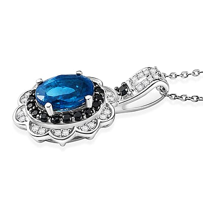 D'Joy Premium Malgache Neon Apatite and Multi Gemstone 2.35 ctw Flower Pendant Necklace in Rhodium Over Sterling Silver (20 Inches)