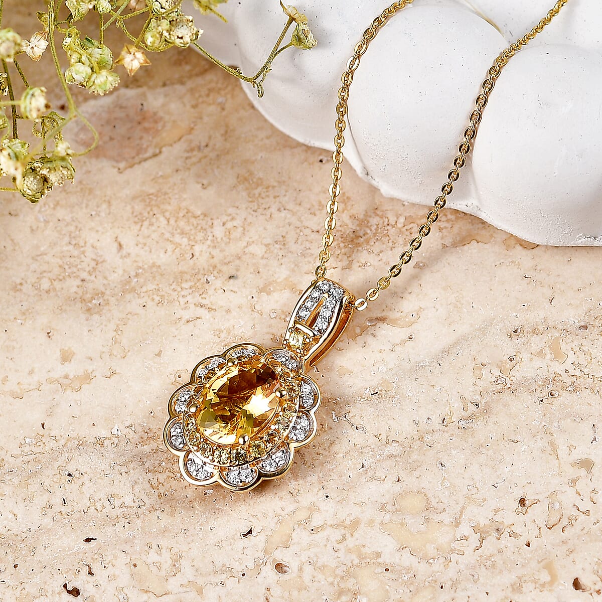 D'Joy Premium Brazilian Heliodor and Multi Gemstone 2.20 ctw Flower Pendant Necklace in 18K Vermeil Yellow Gold Over Sterling Silver (20 Inches) image number 1