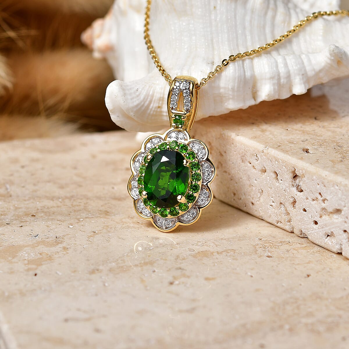 D'Joy Premium Chrome Diopside and Moissanite 2.00 ctw Flower Pendant Necklace in 18K Vermeil Yellow Gold Over Sterling Silver (20 Inches) image number 1