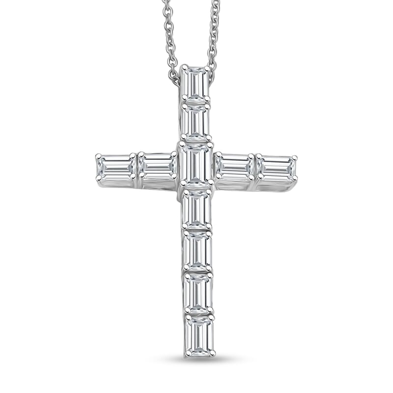 EverTrue Princess Cut Simulated Diamond Cross Pendant in Platinum Bond with Stainless Steel Necklace 20 Inches