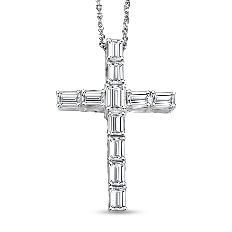 EverTrue Princess Cut Simulated Diamond Cross Pendant in Platinum Bond with Stainless Steel Necklace 20 Inches