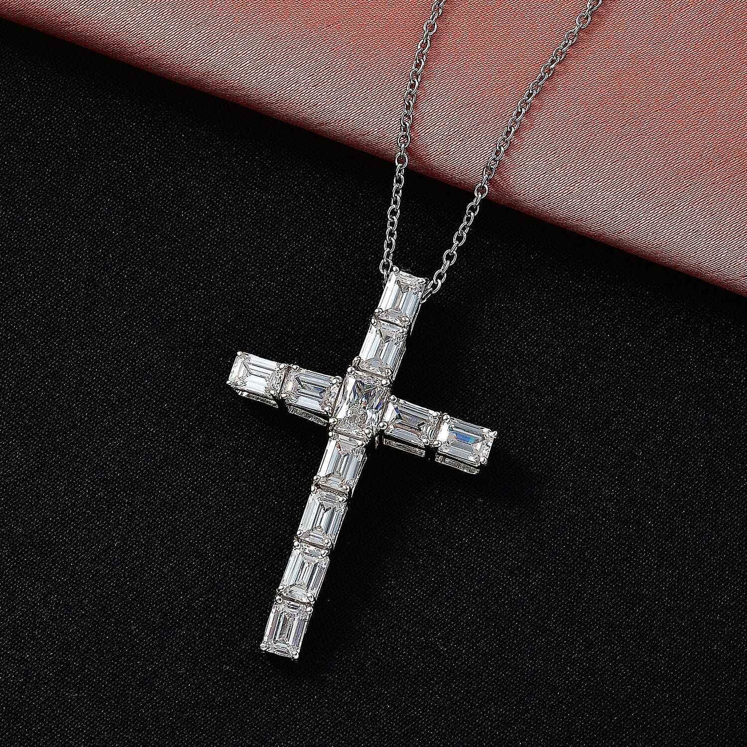 EverTrue Princess Cut Simulated Diamond Cross Pendant in Platinum Bond with Stainless Steel Necklace 20 Inches