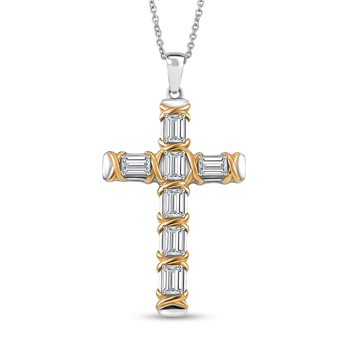 EverTrue Simulated Diamond Cross XOXO Pendant in 18K YG Plated and Platinum Bond with Stainless Steel Necklace 20 Inches