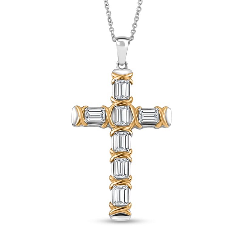 EverTrue Simulated Diamond Cross XOXO Pendant in 18K YG Plated and Platinum Bond with Stainless Steel Necklace 20 Inches