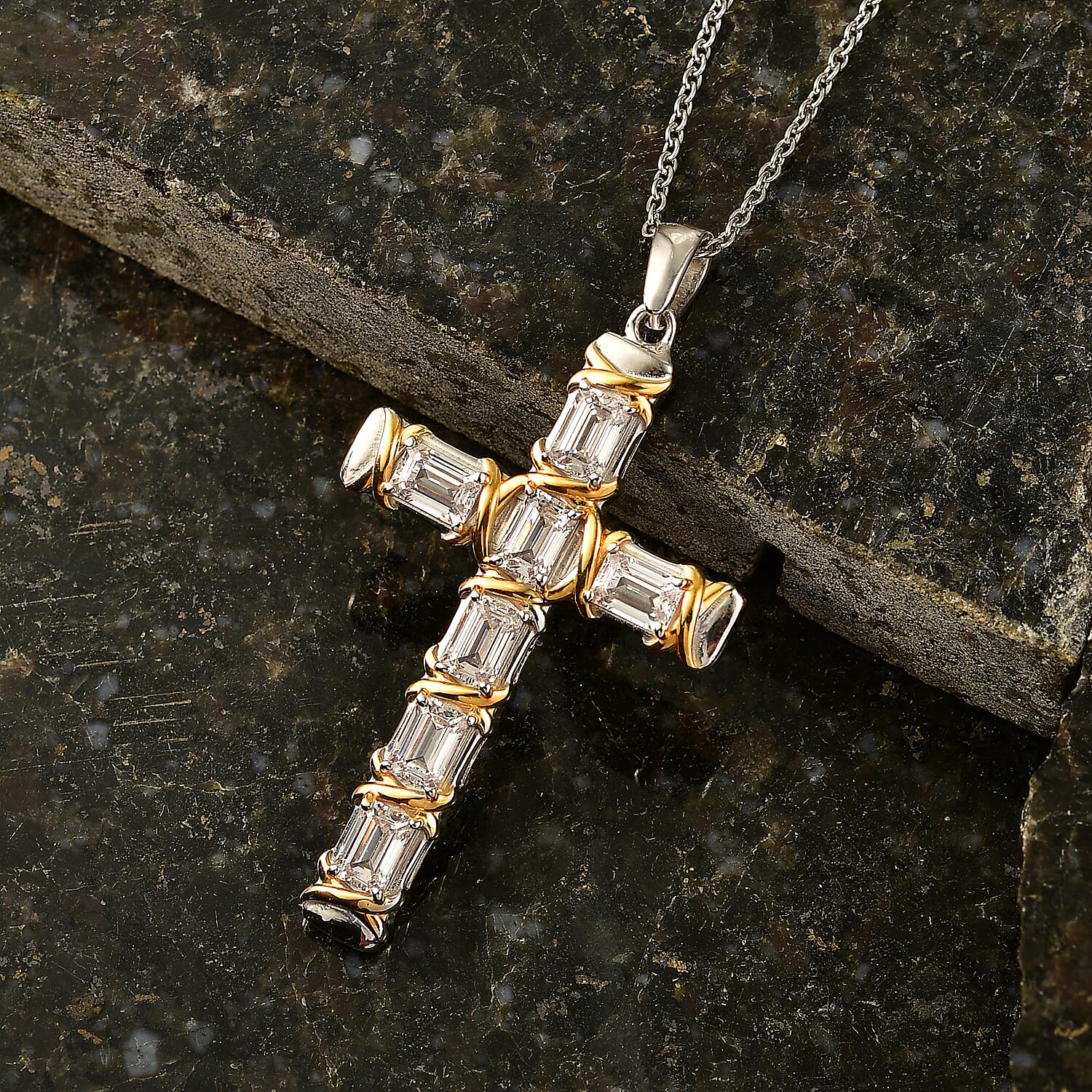 EverTrue Simulated Diamond Cross XOXO Pendant in 18K YG Plated and Platinum Bond with Stainless Steel Necklace 20 Inches