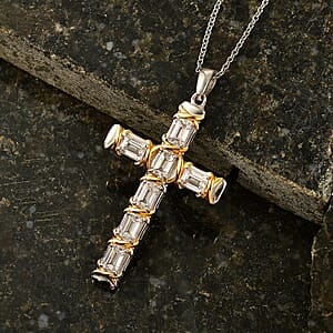 EverTrue Simulated Diamond Pendant in 18K YG Plated and Platinum Bond with Stainless Steel Necklace 20 Inches