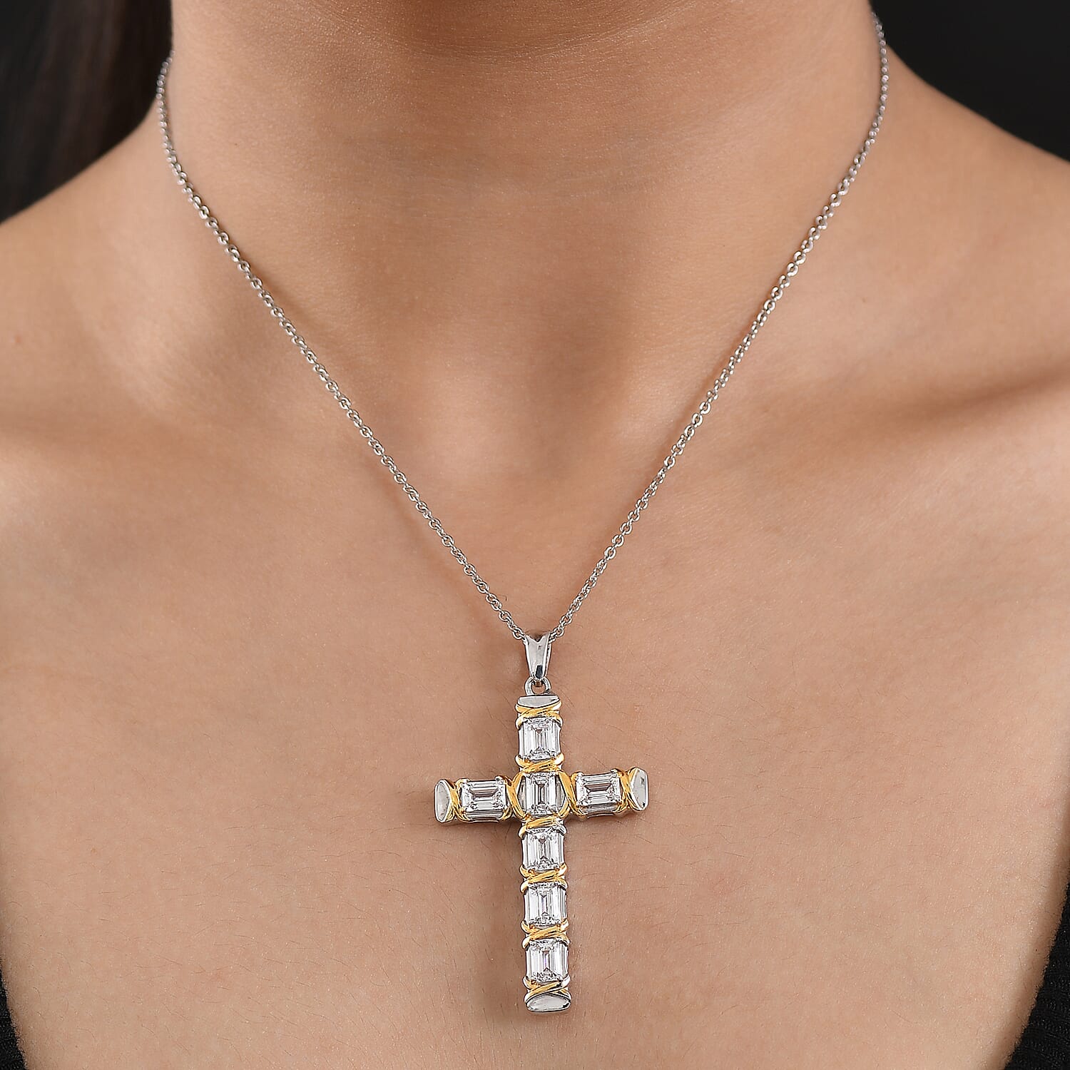 EverTrue Simulated Diamond Cross XOXO Pendant in 18K YG Plated and Platinum Bond with Stainless Steel Necklace 20 Inches