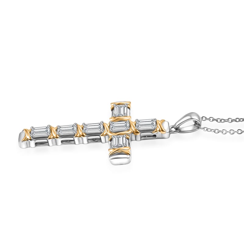 EverTrue Simulated Diamond Cross XOXO Pendant in 18K YG Plated and Platinum Bond with Stainless Steel Necklace 20 Inches