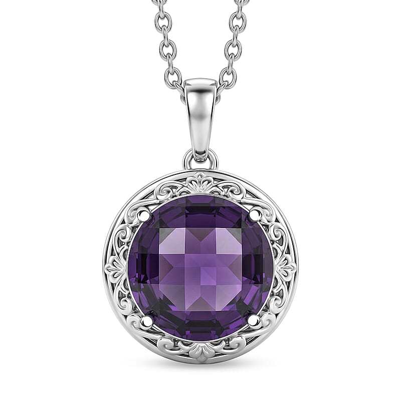 EverTrue Simulated Amethyst Color Diamond Pendant in Platinum Bond with Stainless Steel Necklace (20 Inches)