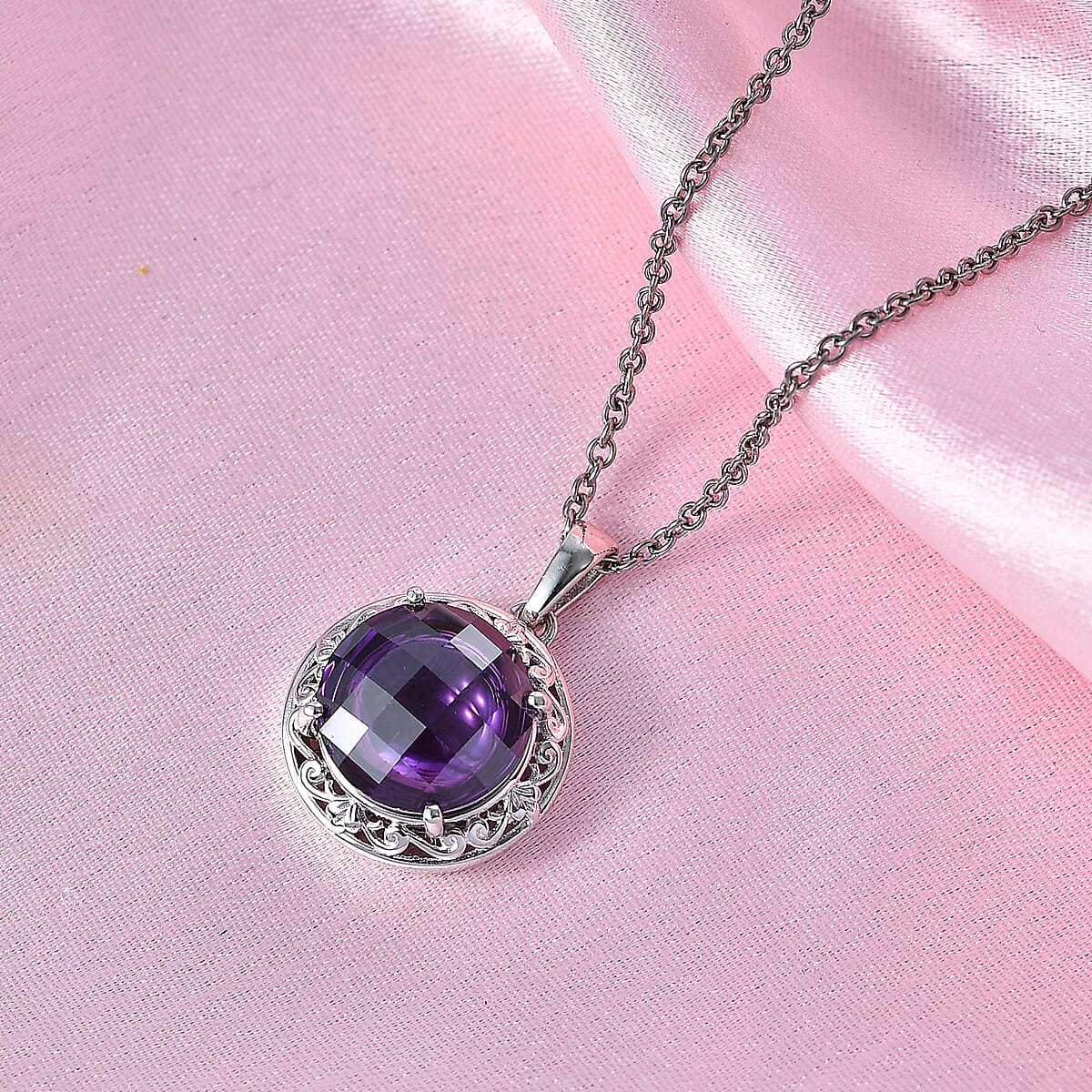 EverTrue Simulated Amethyst Color Diamond Pendant in Platinum Bond with Stainless Steel Necklace (20 Inches) image number 1