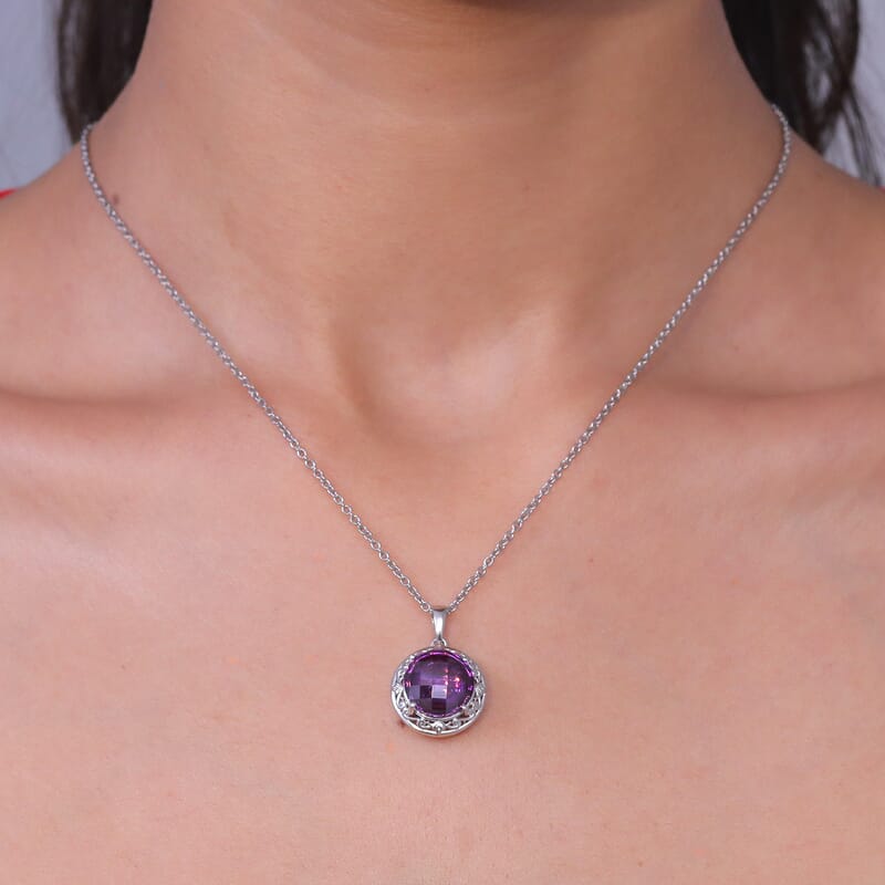 EverTrue Simulated Amethyst Color Diamond Pendant in Platinum Bond with Stainless Steel Necklace (20 Inches)