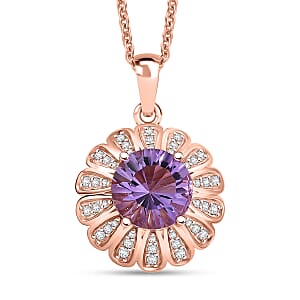 EverTrue Rose De France Amethyst and White Zircon 3.90 ctw Lavender Bloom Pendant in 18K RG Plated with ION Plated RG Stainless Steel Necklace 20 Inches