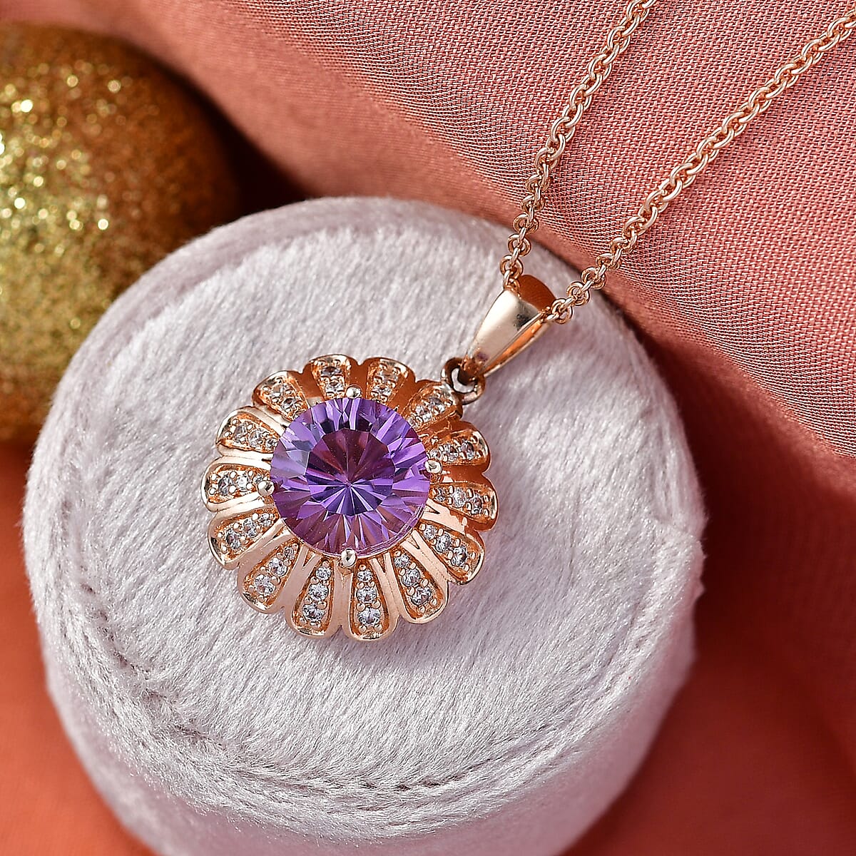 EverTrue Rose De France Amethyst and White Zircon 3.90 ctw Lavender Bloom Pendant in 18K RG Plated with ION Plated RG Stainless Steel Necklace 20 Inches image number 1