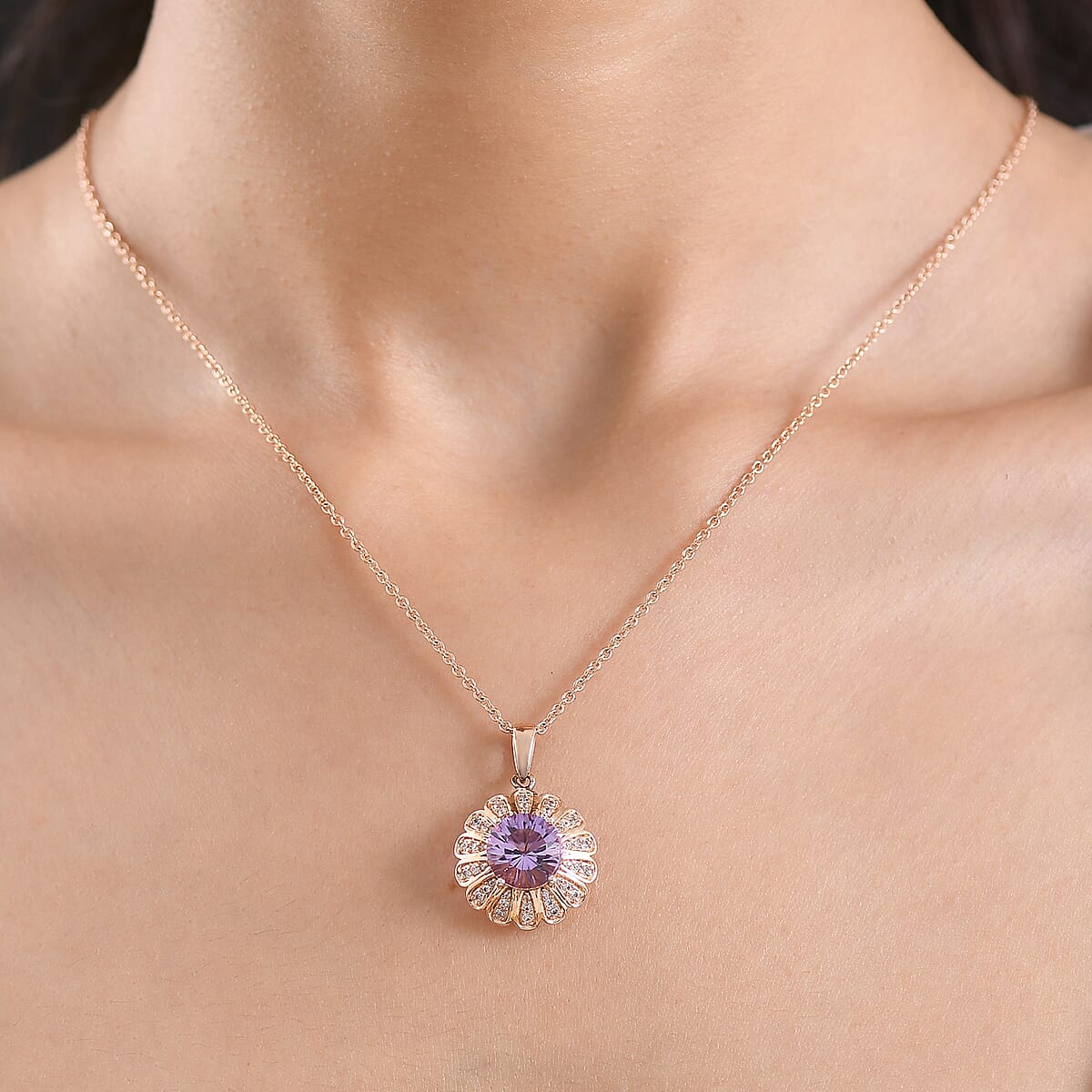 EverTrue Rose De France Amethyst and White Zircon 3.90 ctw Lavender Bloom Pendant in 18K RG Plated with ION Plated RG Stainless Steel Necklace 20 Inches image number 2