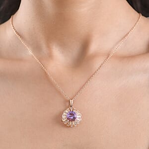 EverTrue Rose De France Amethyst and White Zircon 3.90 ctw Lavender Bloom Pendant in 18K RG Plated with ION Plated RG Stainless Steel Necklace 20 Inches