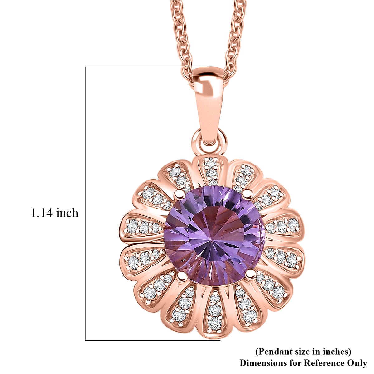 EverTrue Rose De France Amethyst and White Zircon 3.90 ctw Lavender Bloom Pendant in 18K RG Plated with ION Plated RG Stainless Steel Necklace 20 Inches