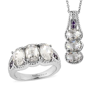 EverTrue Simulated White and Amethyst Color Diamond Ring (Size 7.0) and Pendant Necklace (20 Inches) in Stainless Steel