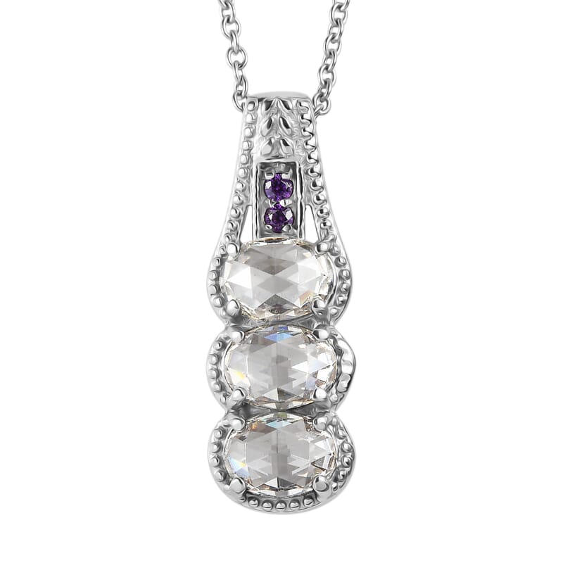 EverTrue Simulated White and Amethyst Color Diamond Ring (Size 10.0) and Pendant Necklace (20 Inches) in Stainless Steel