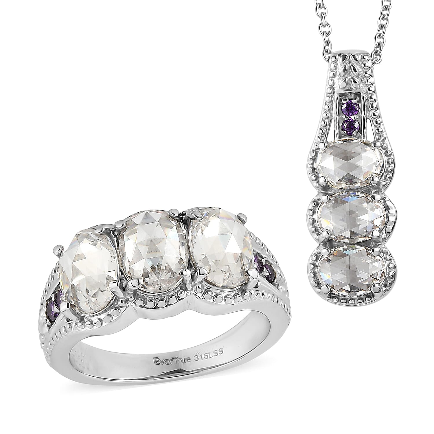 EverTrue Simulated White and Amethyst Color Diamond Ring (Size 11.0) and Pendant Necklace (20 Inches) in Stainless Steel