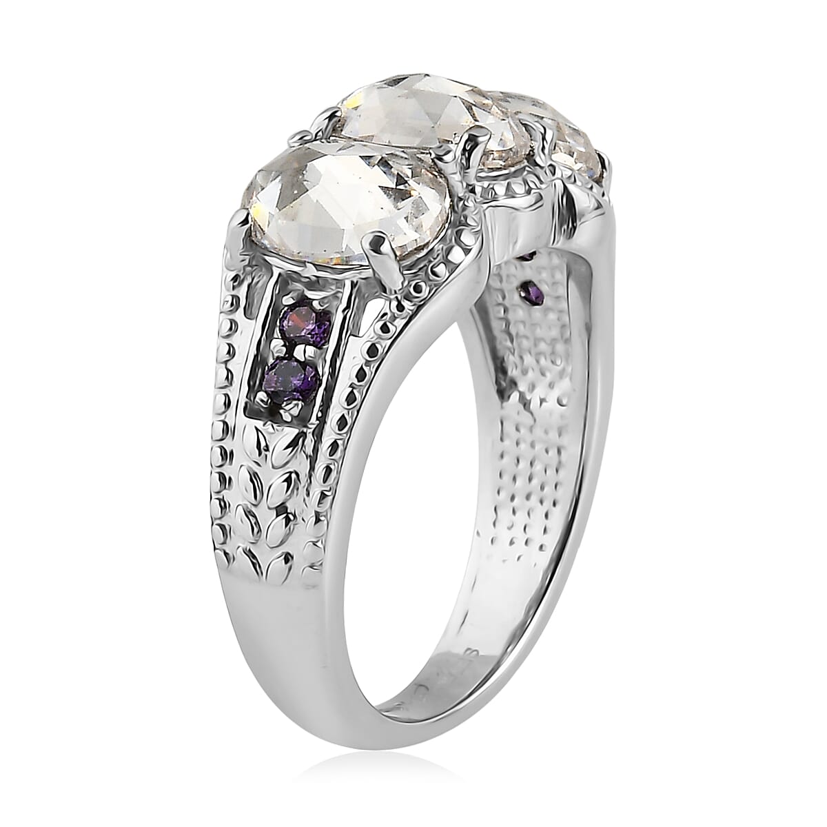 EverTrue Simulated White and Amethyst Color Diamond Ring (Size 11.0) and Pendant Necklace (20 Inches) in Stainless Steel