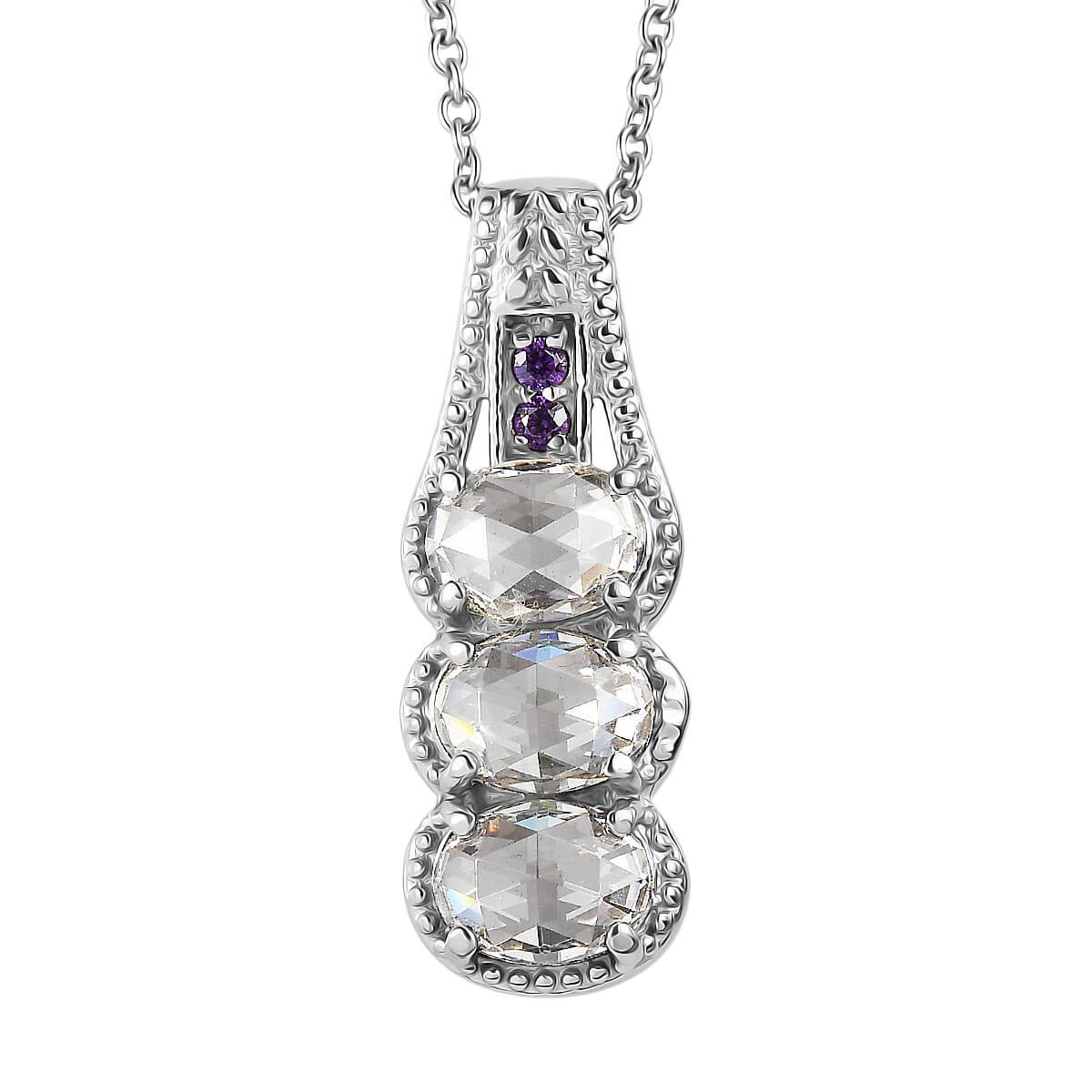 EverTrue Simulated White and Amethyst Color Diamond Ring (Size 11.0) and Pendant Necklace (20 Inches) in Stainless Steel