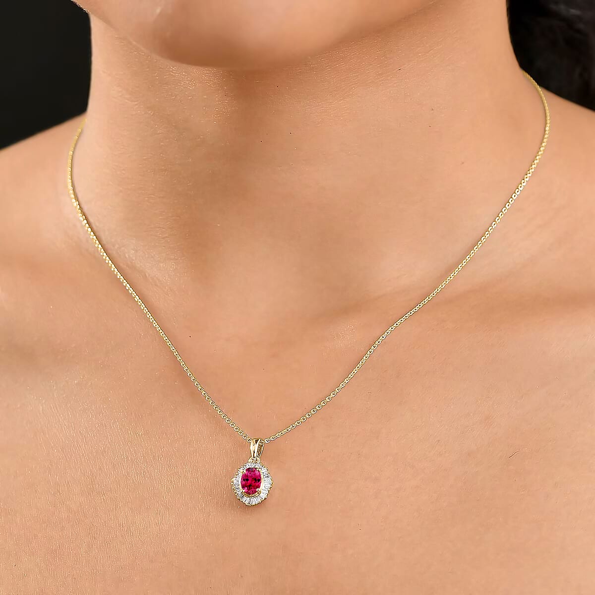 Luxoro Premium Ouro Fino Rubellite and I2 Diamond 1.00 ctw Pendant Necklace in 10K Yellow Gold 20 Inches