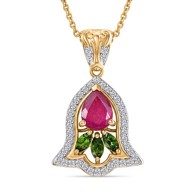 D'Joy Passport to Israel Premium Niassa Ruby (FF) and Multi Gemstone 1.60 ctw Pendant Necklace in 18K Vermeil Yellow Gold Over Sterling Silver 20 Inches